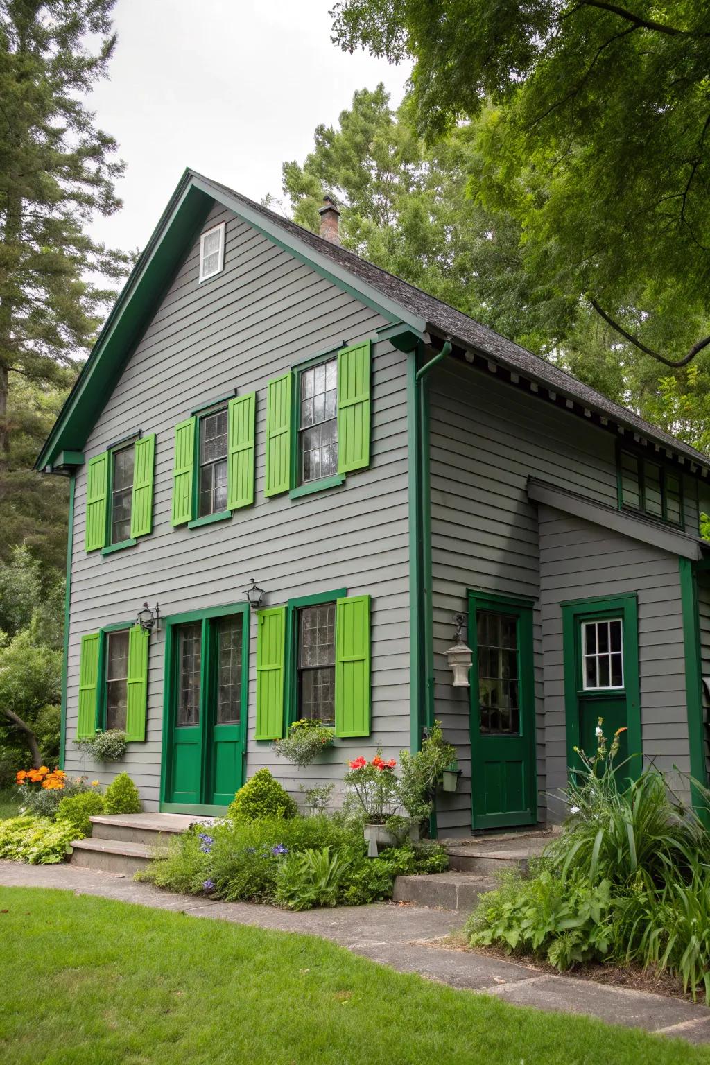 Vibrant green accents bring life to a grey exterior.