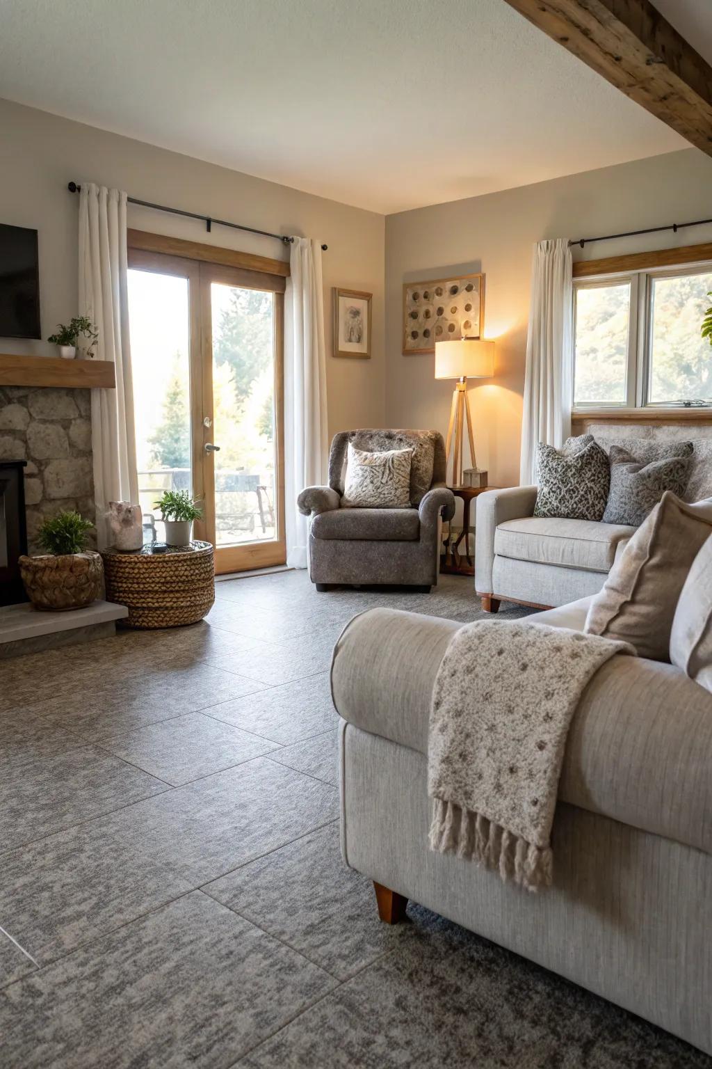 Grey cork flooring adds warmth and comfort to this inviting living room.