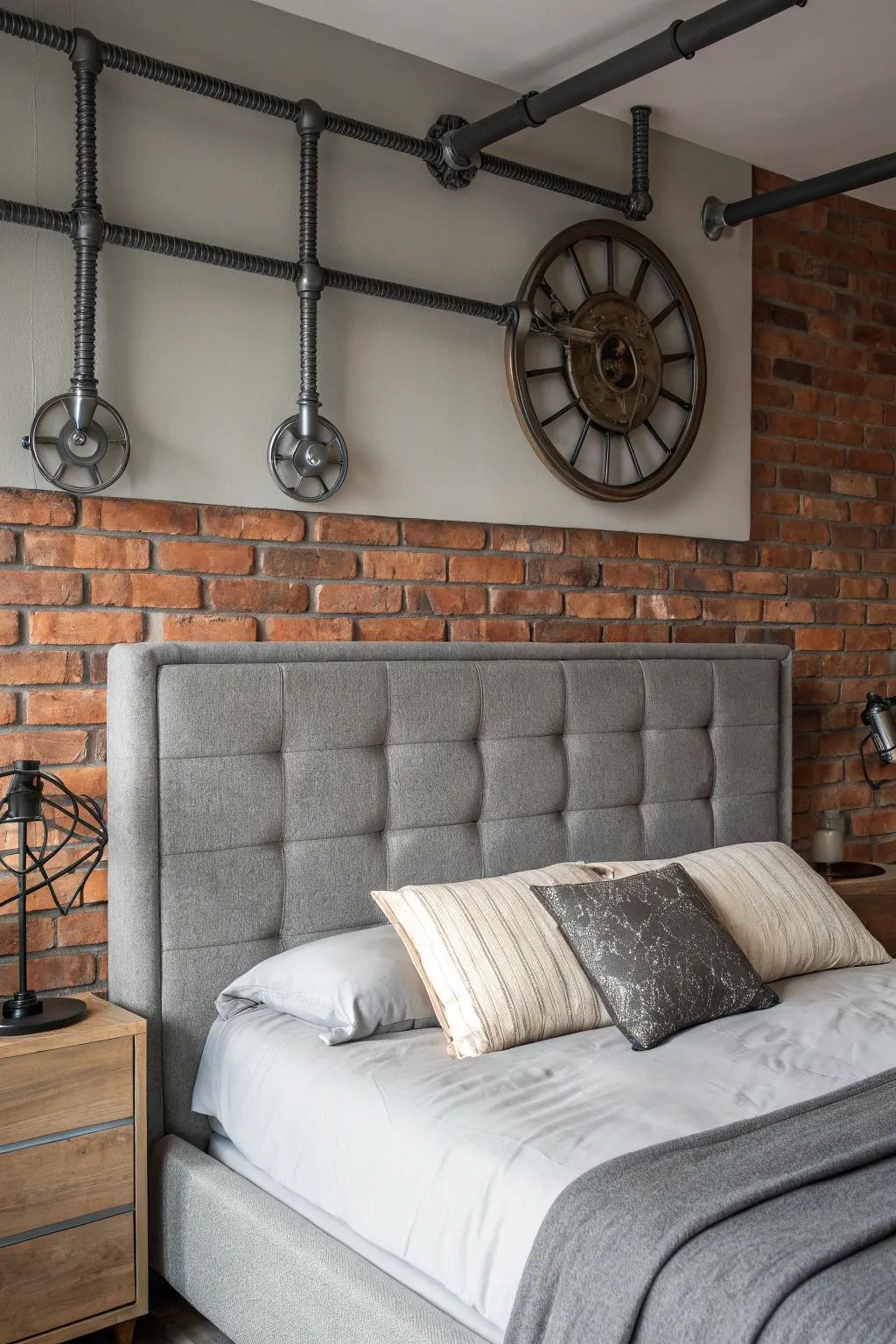 Raw elements add character to a bedroom with a grey headboard.