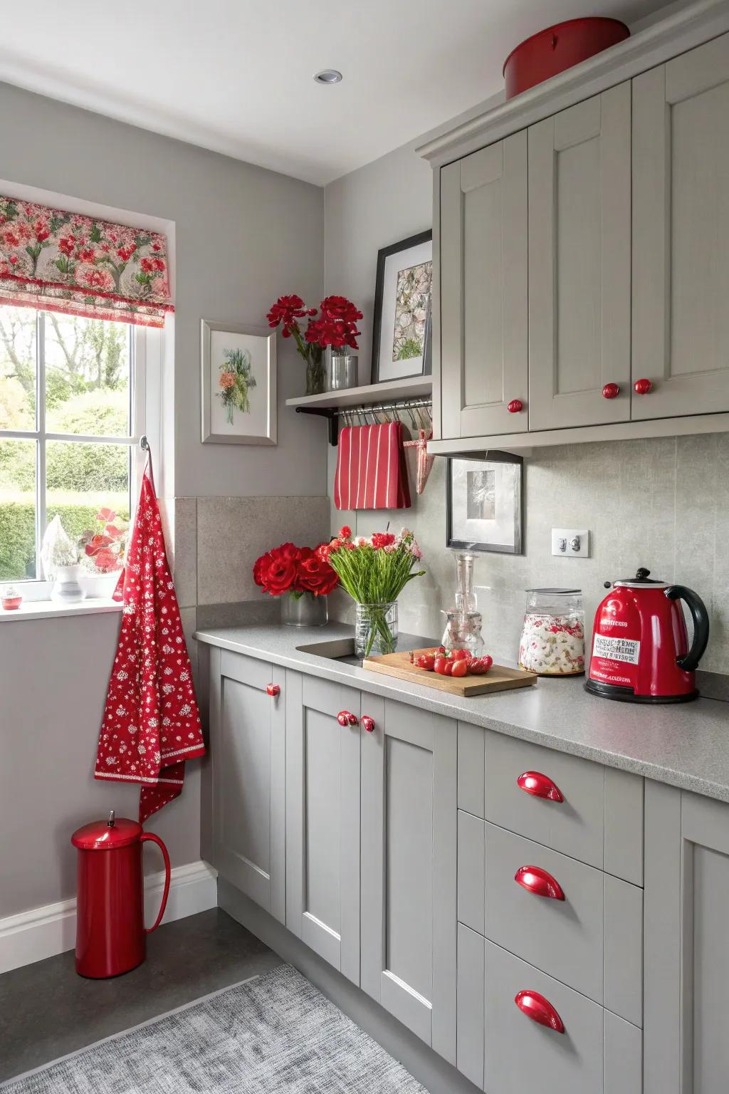 A dash of color transforms a grey kitchen into a visual delight.