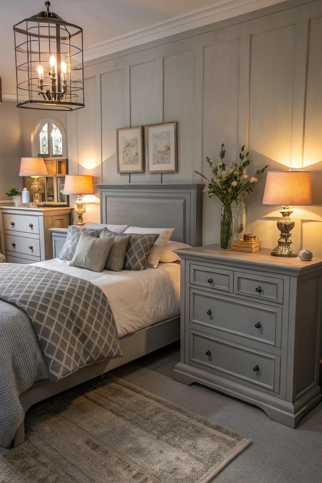 Layered lighting enhances the mood in a grey-themed bedroom.