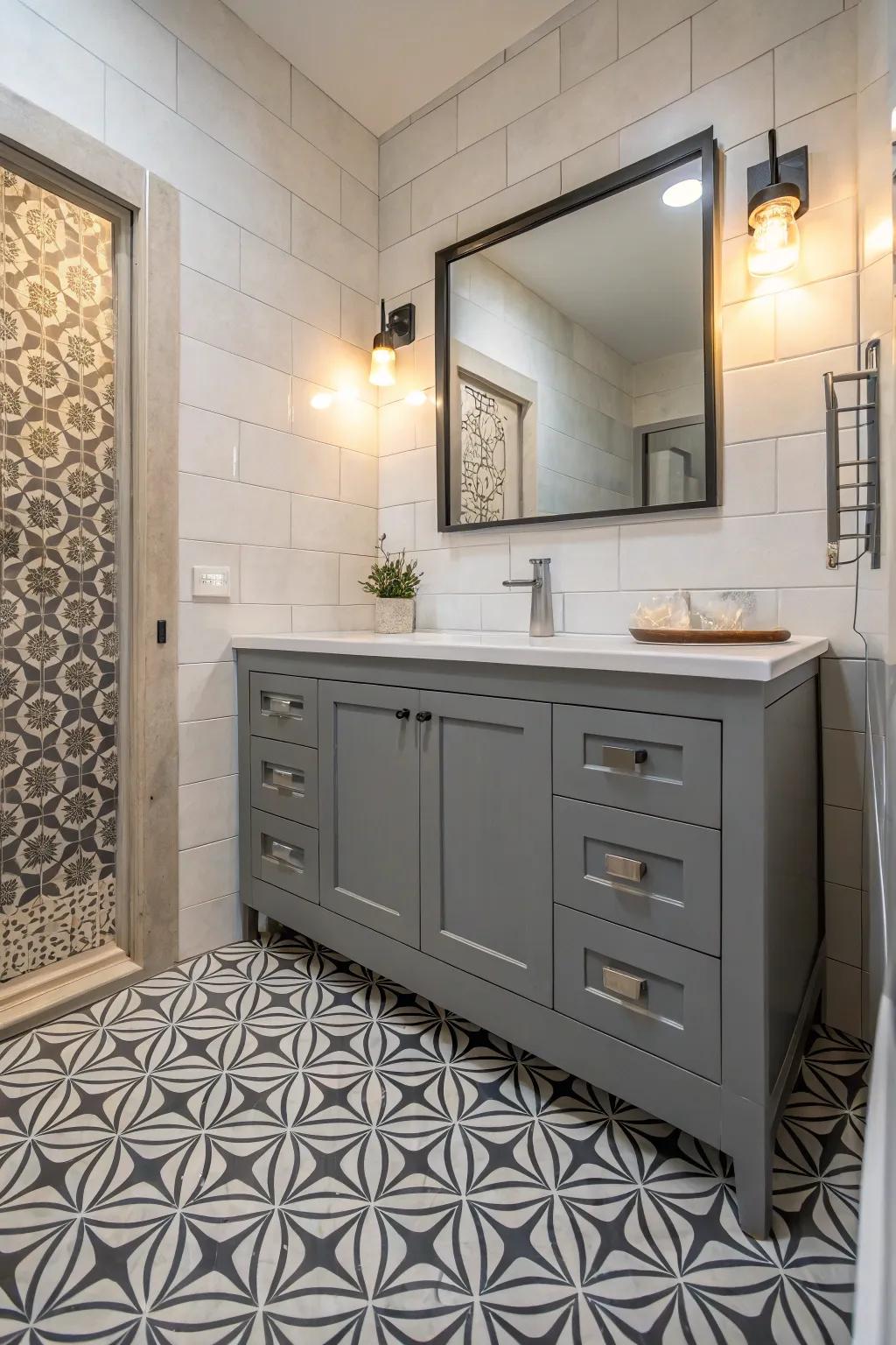 Geometric patterns add a modern flair to the grey vanity setup.