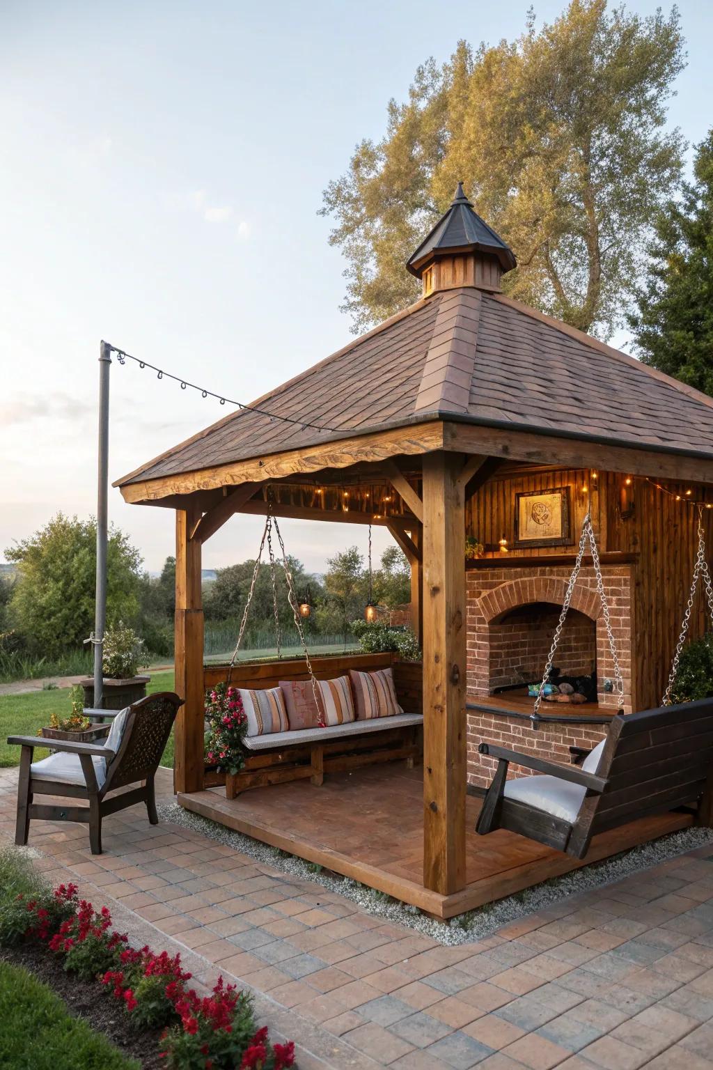 A grill hut with imaginative seating options, like benches and swings.