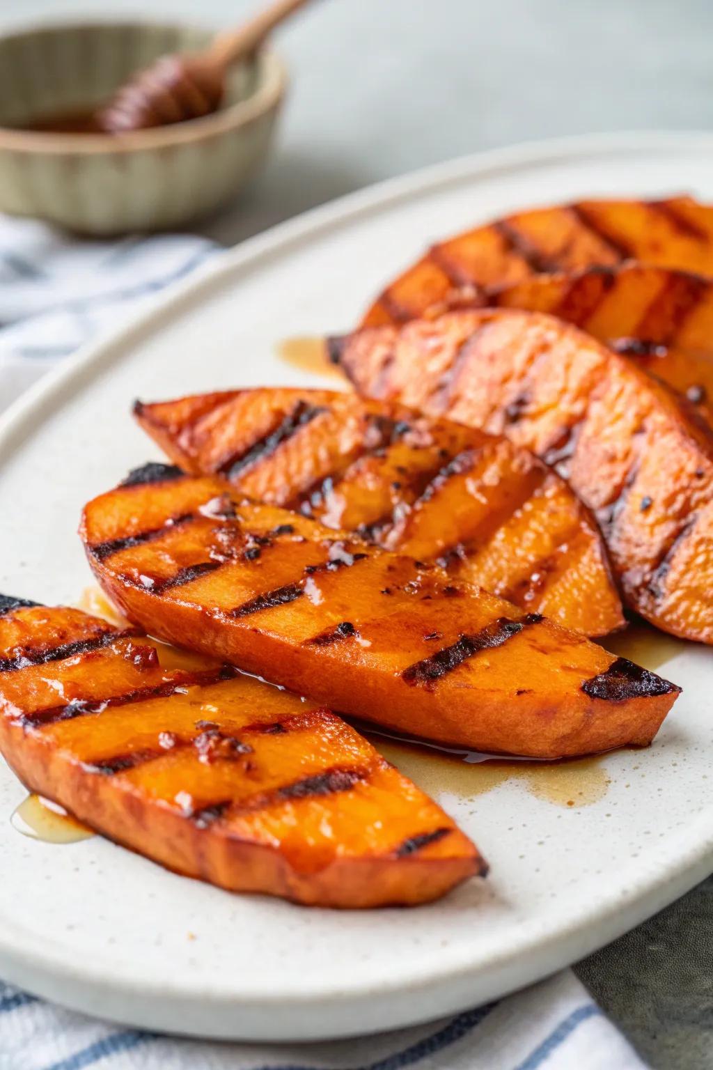 Grilled sweet potatoes offer a combination of sweet and savory flavors.