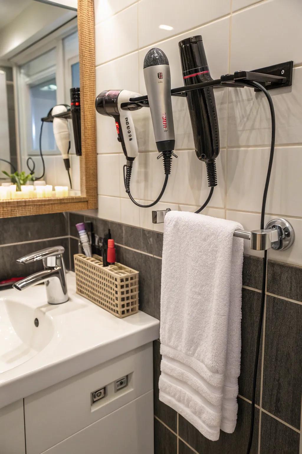 Add-ons for the towel bar saves space, providing efficient tool storage.