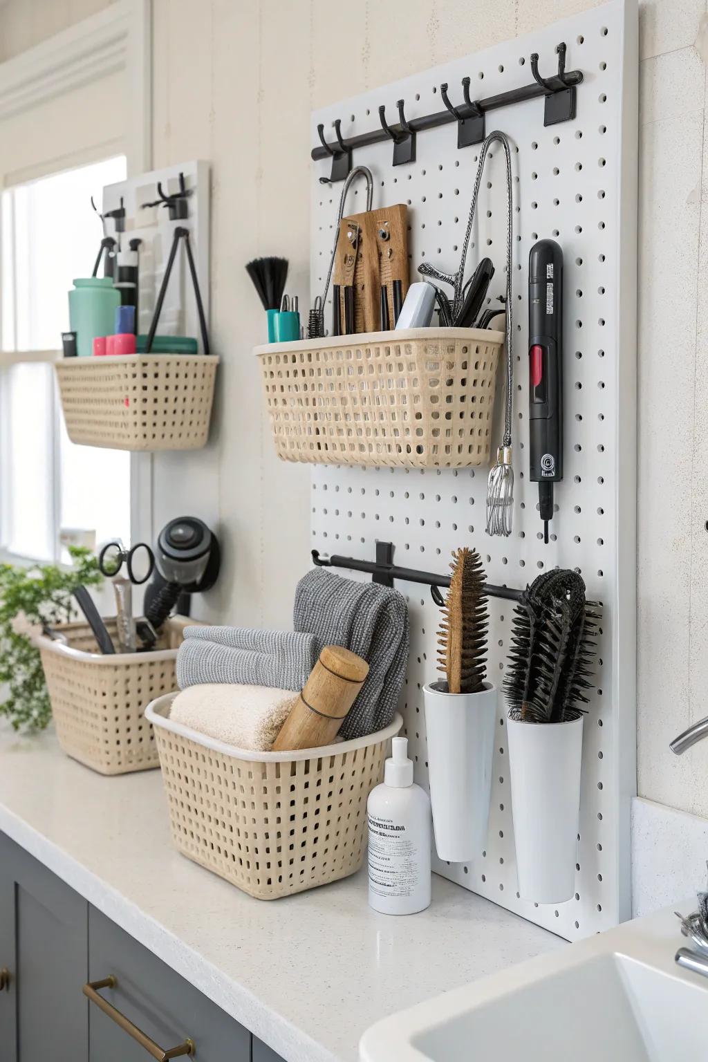 Versatile pegboard organizer for customizable storage solutions.