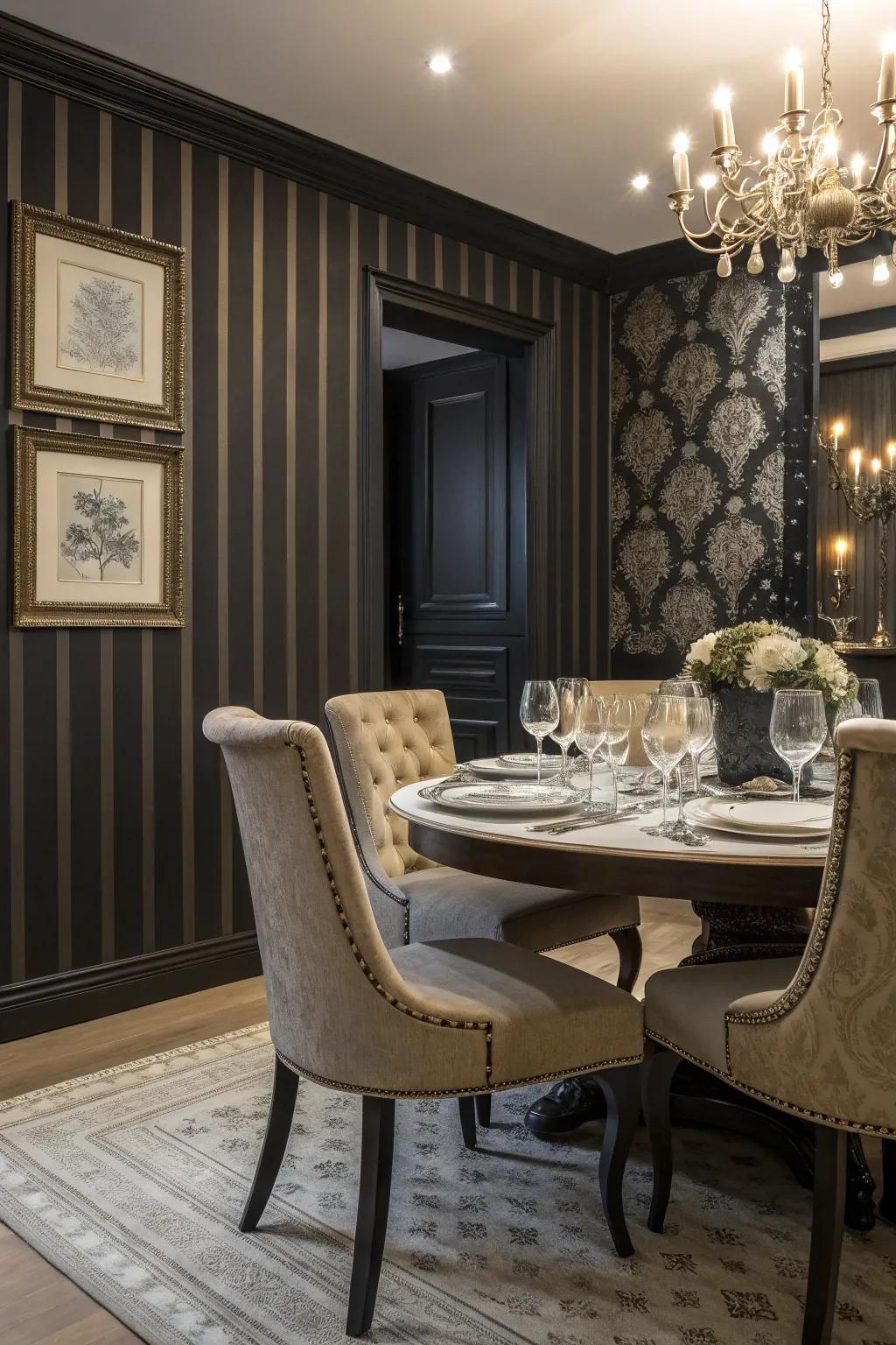 A dramatic dining space featuring striped wall coverings and solid dark coating, perfect for statements.