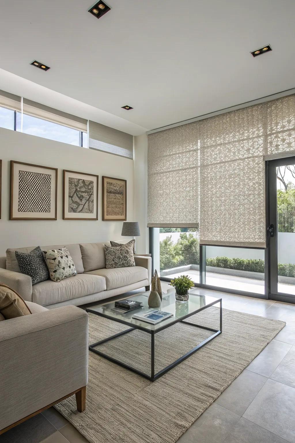 Modern living area with textured roller shades.