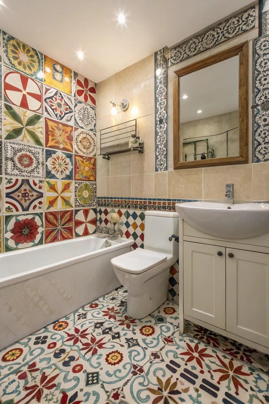 Striking patterns can transform a guest bathroom into a statement.