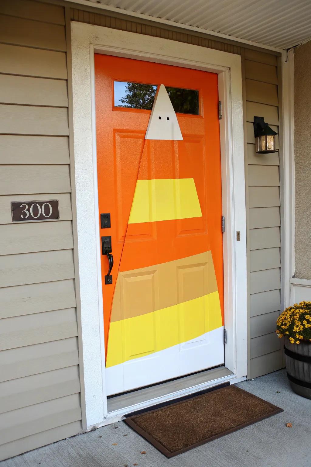 A striped sweet door introduces a delightful element to Halloween festivities.