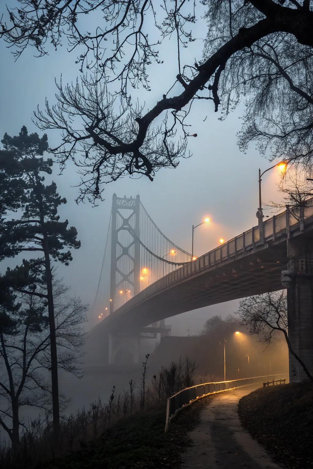 A misty overpass designs a surreal crossing on the trail.