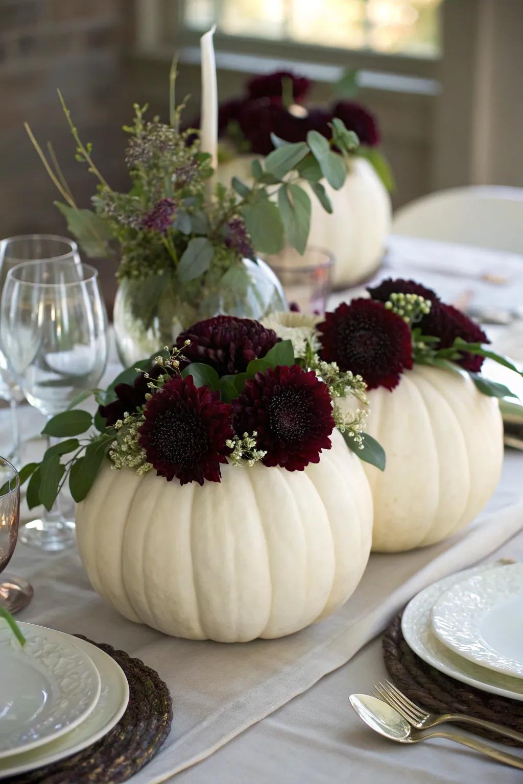 Ivory fruits filled with flowers conjure a unique, themed centerpiece.