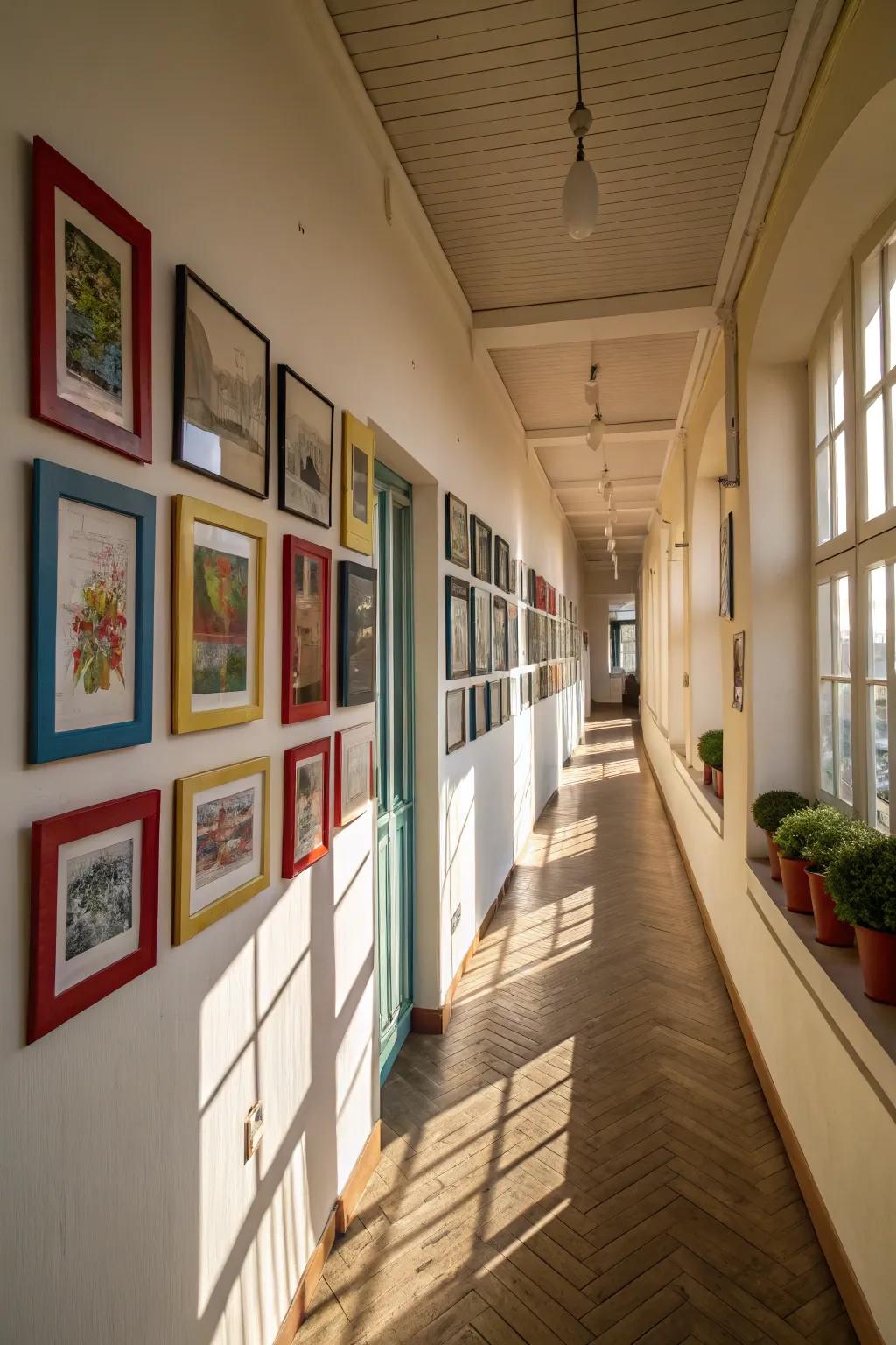 Colored frames inject a spirited and dynamic vibe to hallway art.