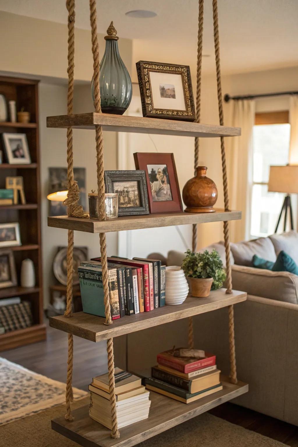 Suspended shelves contribute flair and utility to your decor.