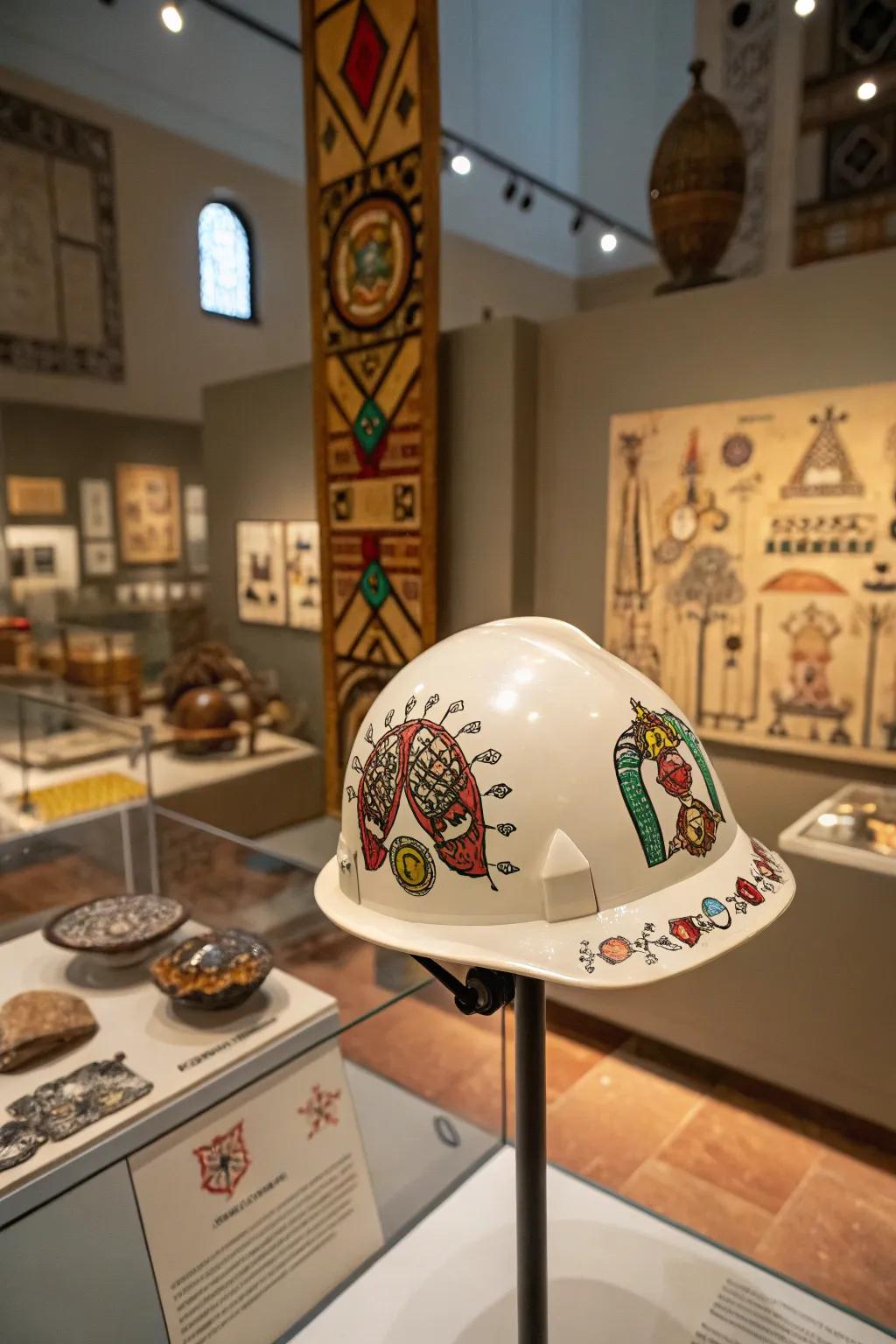 A hard hat rich with cultural symbols.
