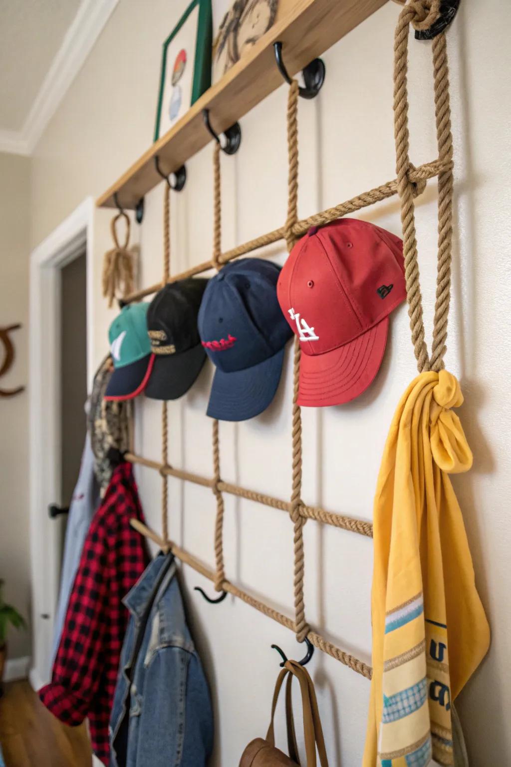 A cord rack infuses a maritime charm into your hat assortment.