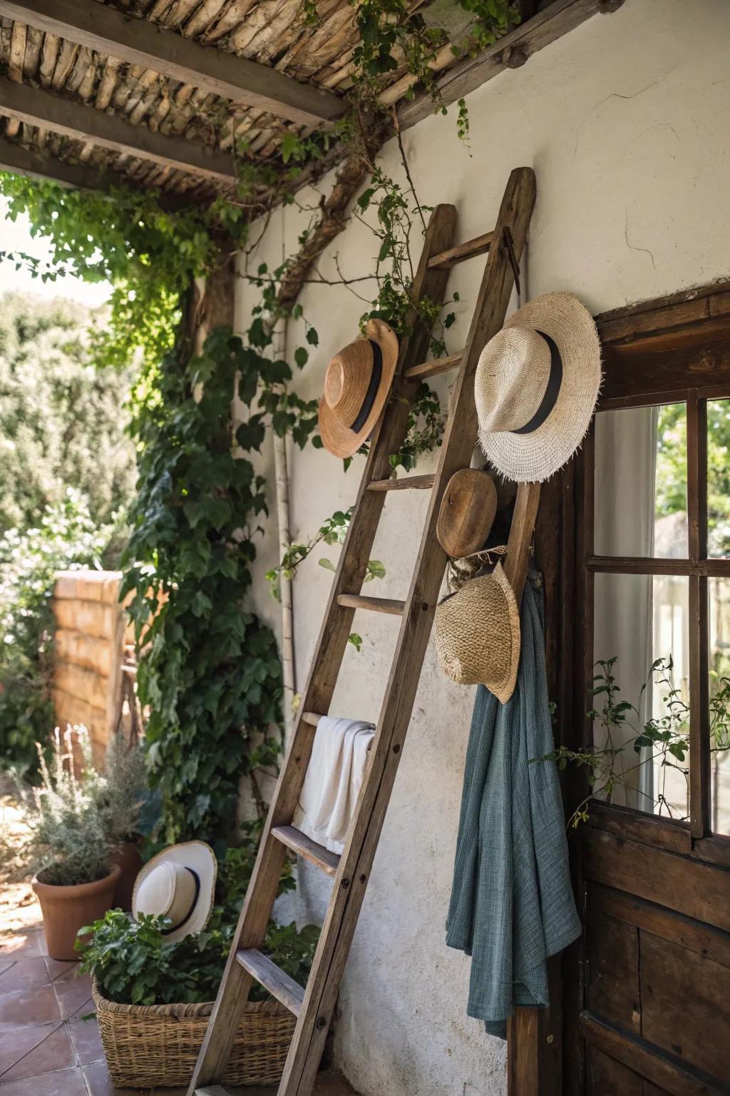 Hats on a vintage ladder display.