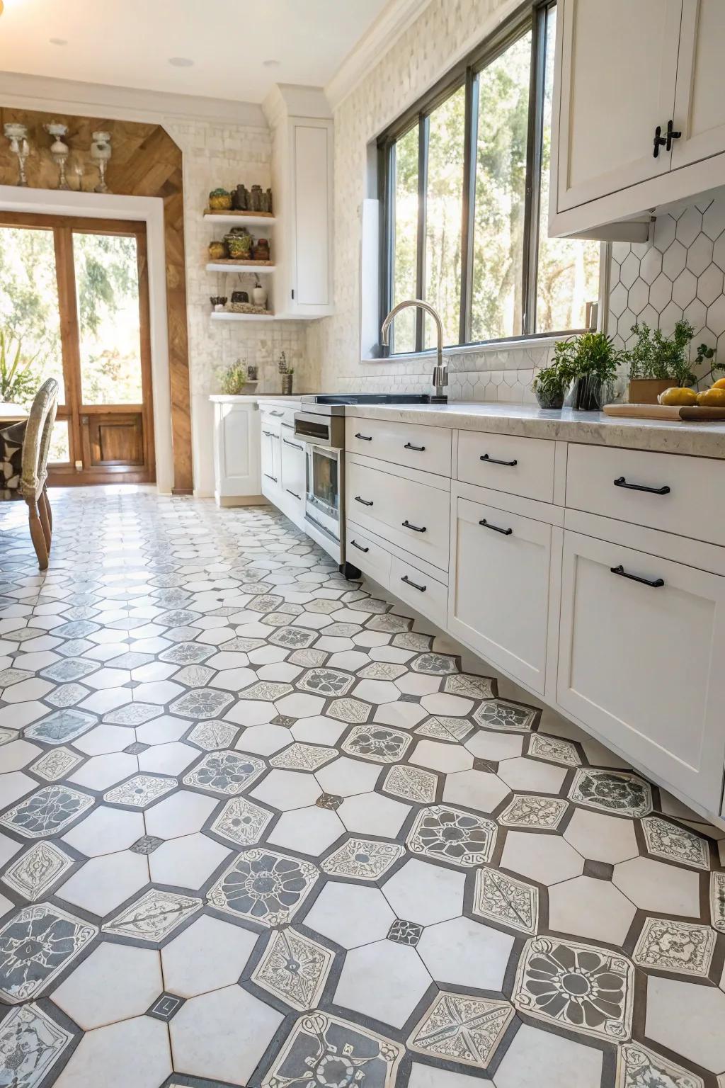 Shape harmony using hexagon tiles delivers a well-balanced kitchen aesthetic.