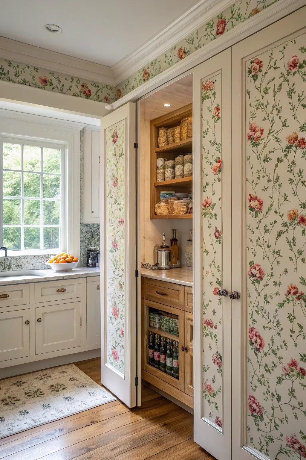 Wallpaper-covered doors conceal a hidden pantry, blending with the wall decor.