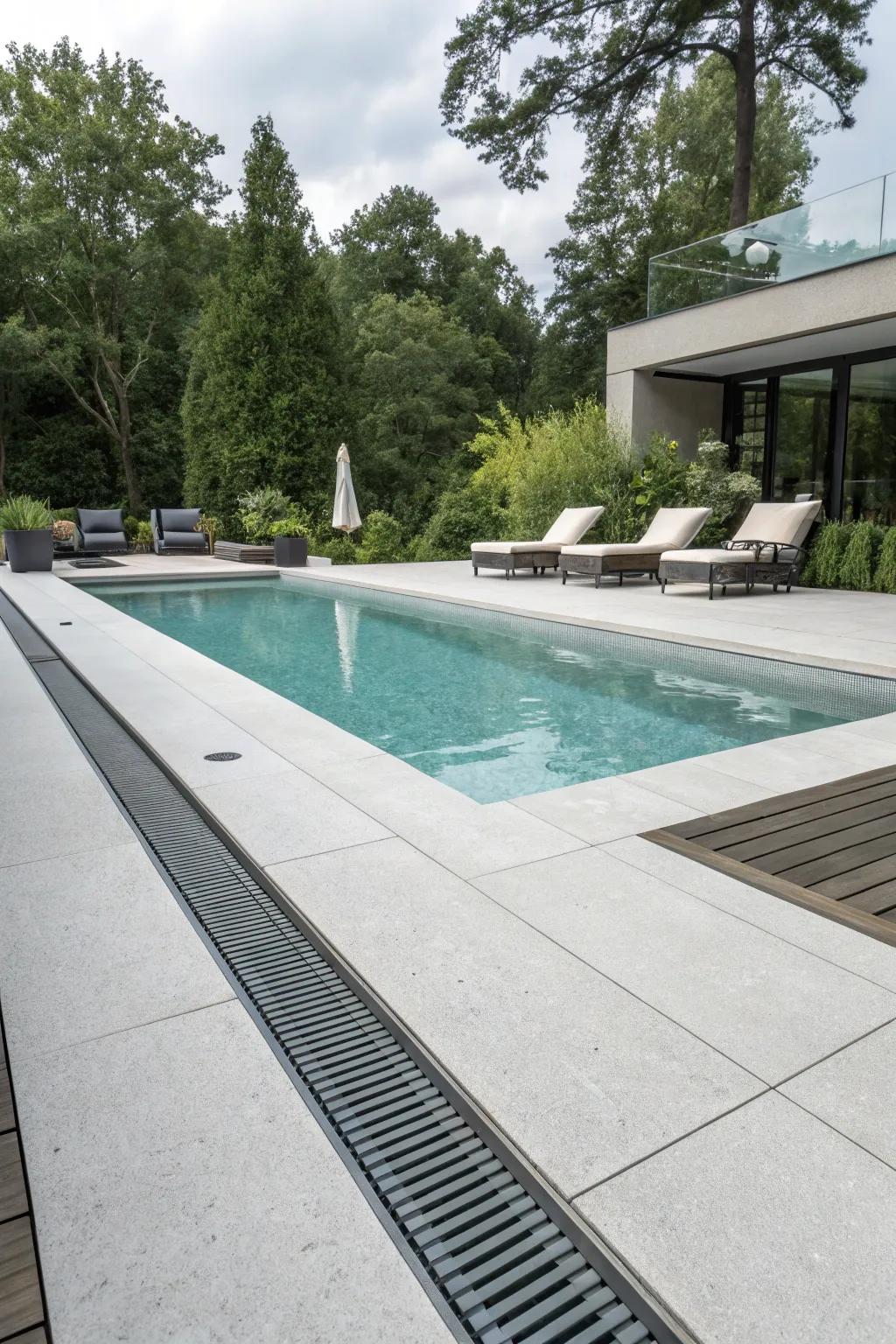 Unseen drain systems maintain aesthetics while managing water.