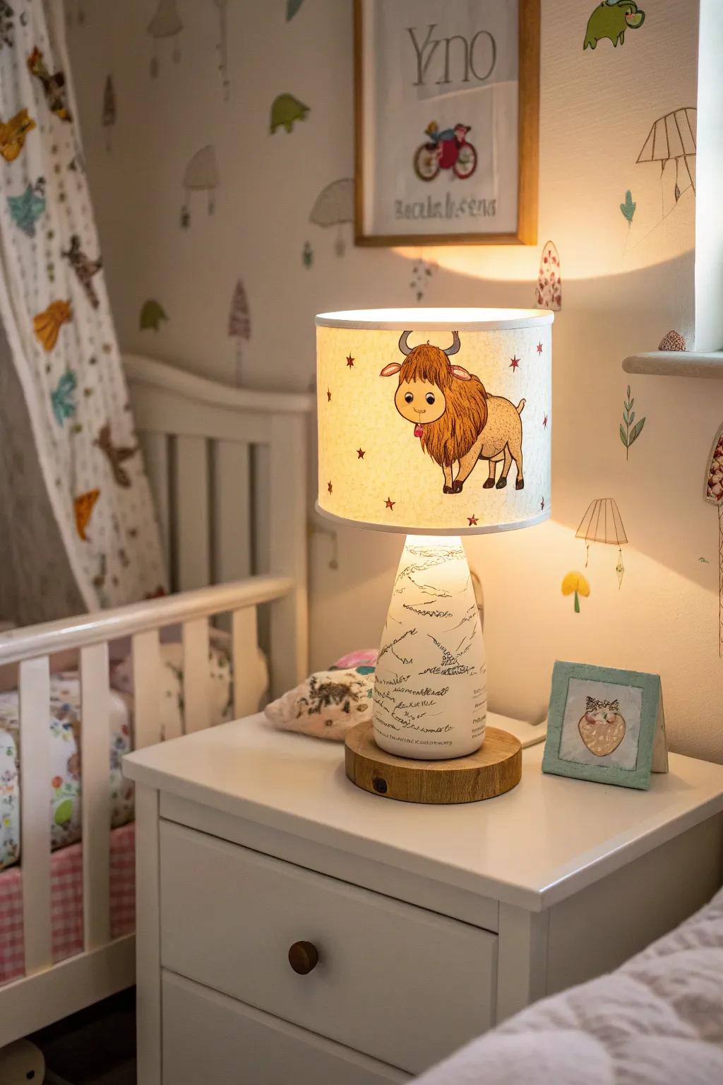 Themed lamps add playfulness and warmth to the baby's room.