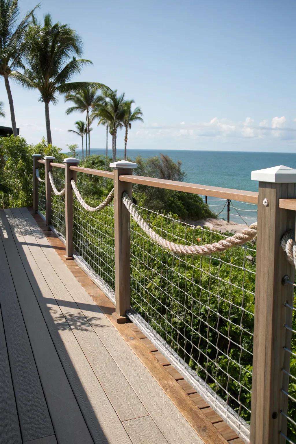 Cord accents add a nautical charm to livestock panel deck guardrails.