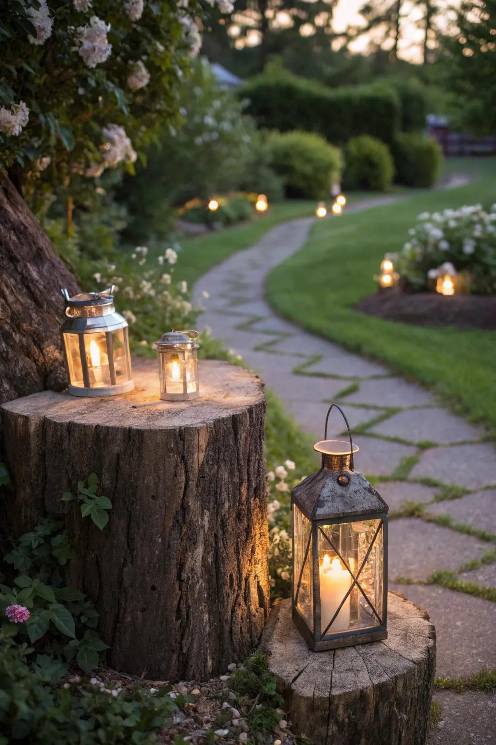 A natural light fixture mount crafted from a tree stump illuminates the garden path.