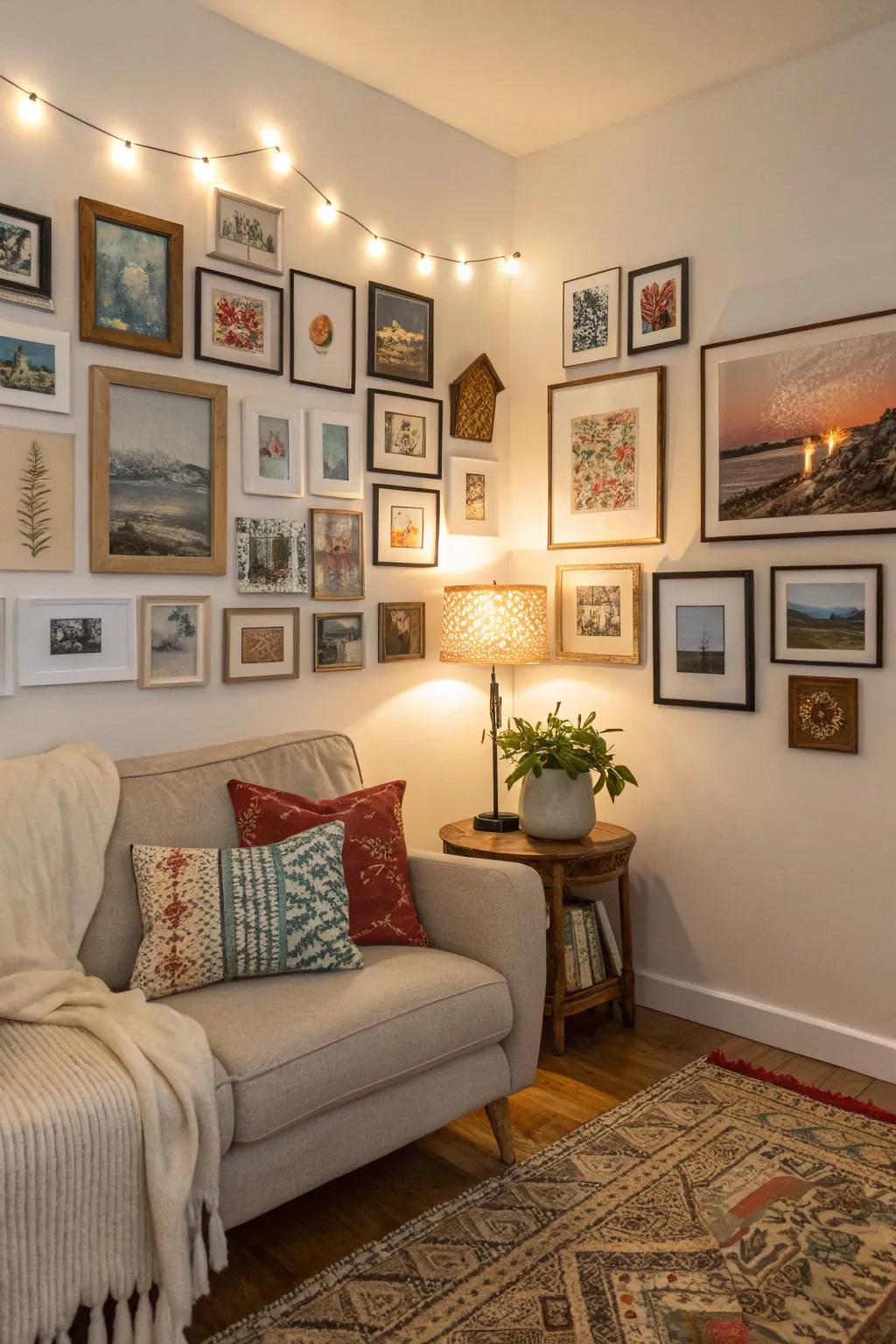 A personalized display wall presenting art and photographs