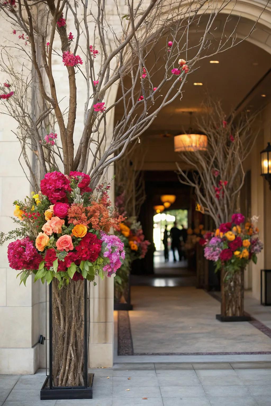 Striking floral pieces create a dramatic entryway statement.