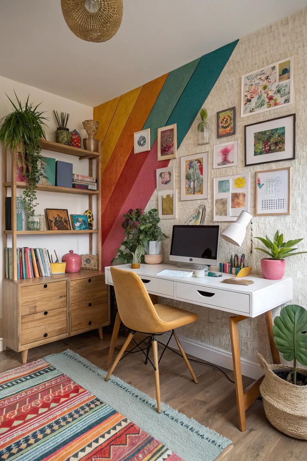 A varied assemblage of materials and colors adds personality to this home office.