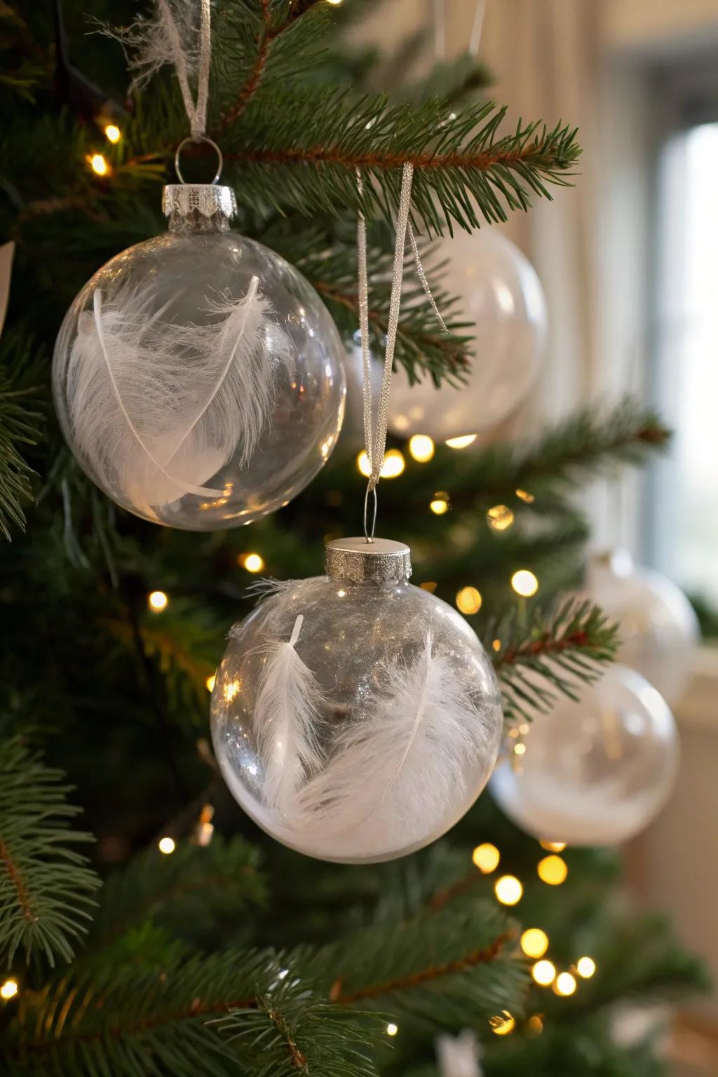 Ethereal plumed baubles appending an airy grace to the holiday embellishments.
