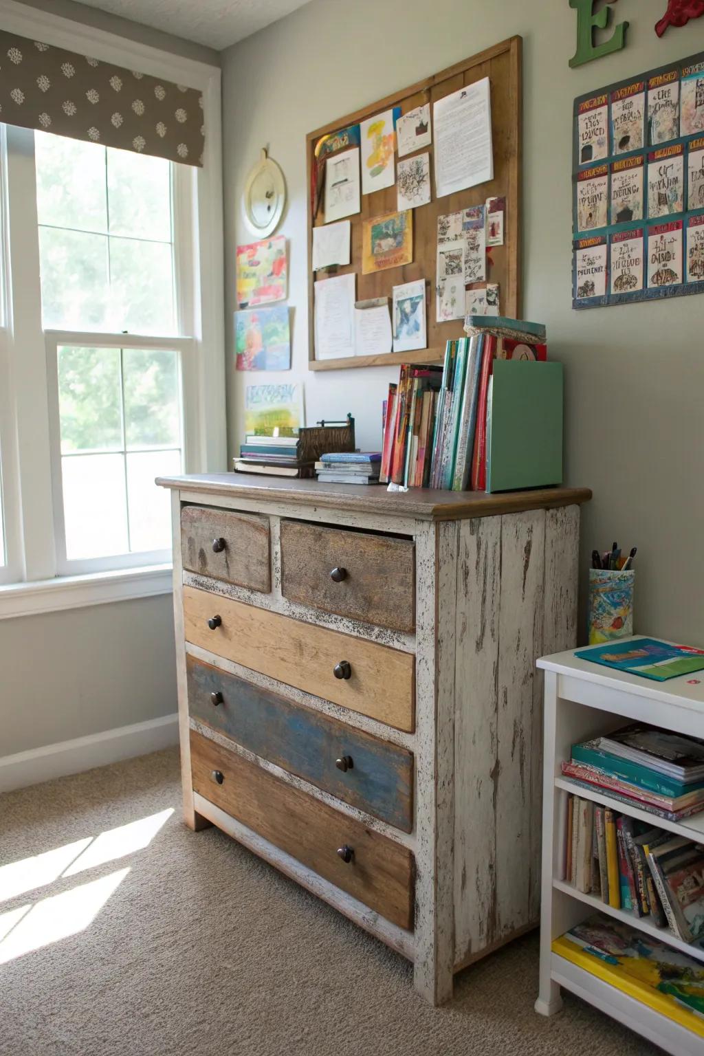 Repurposed furniture offers unique storage solutions while adding character to the room.