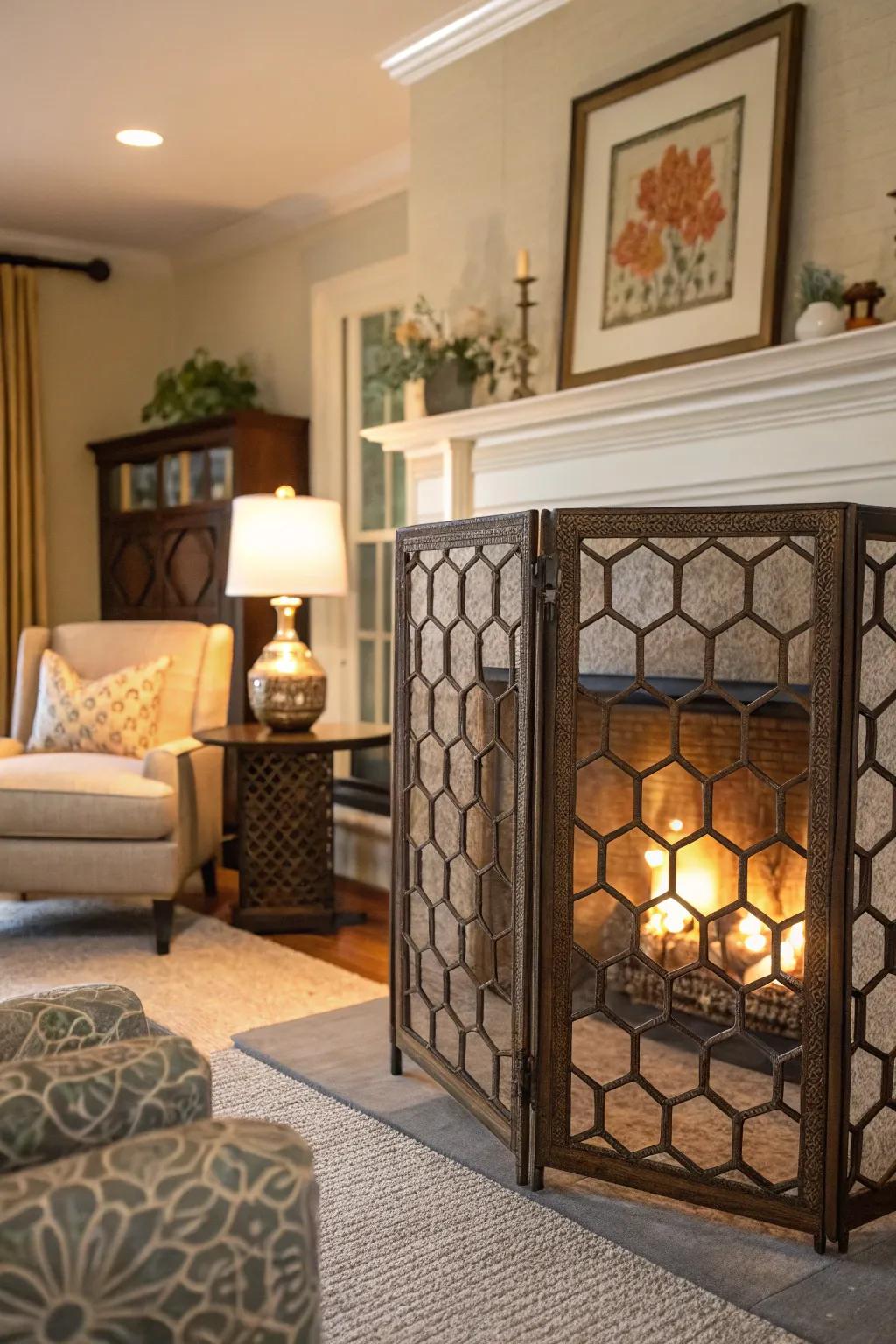 Add a modern touch to your fireplace with a honeycomb guard.