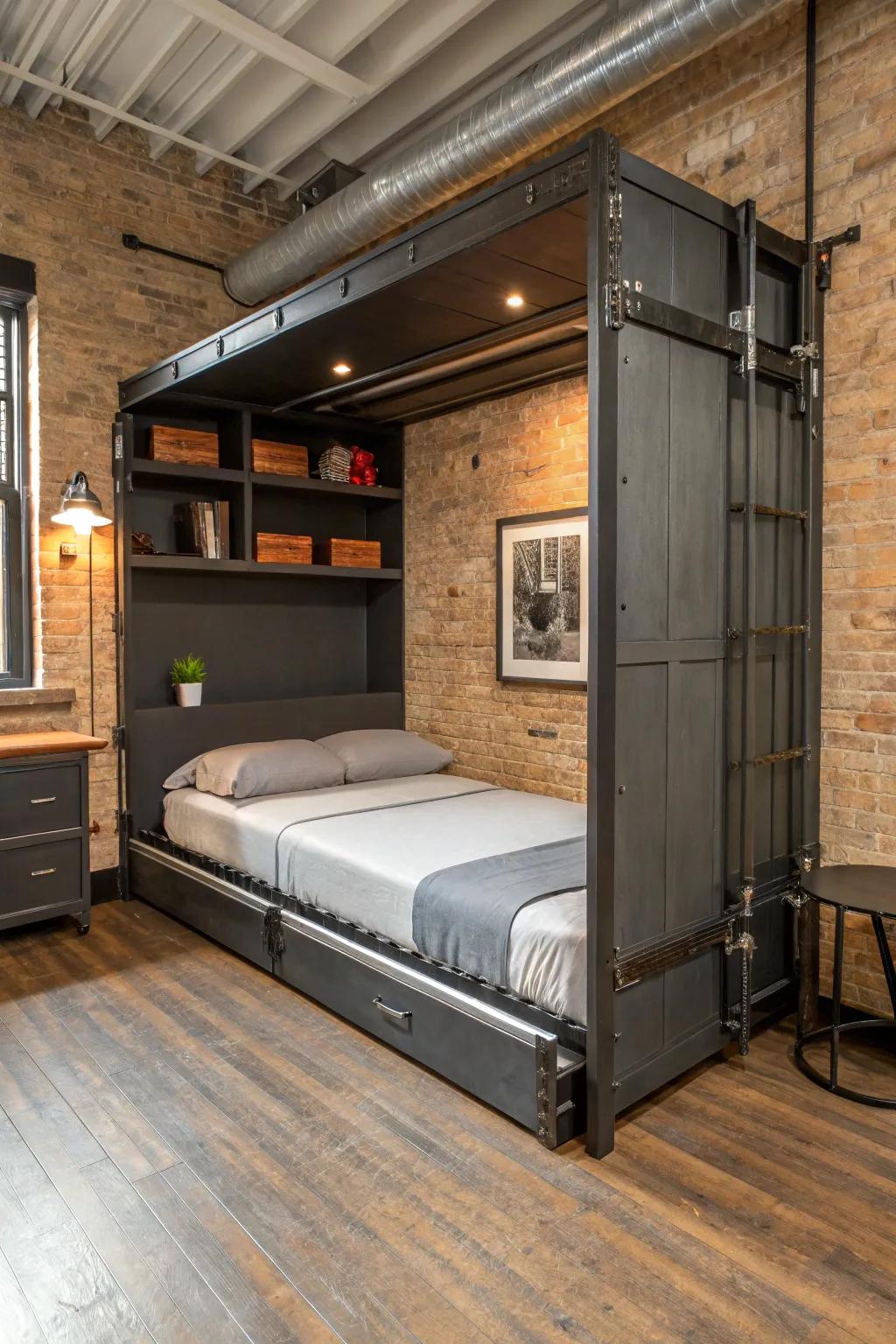 An industrial-themed area using a convertible bed, giving an edgy and bold character.