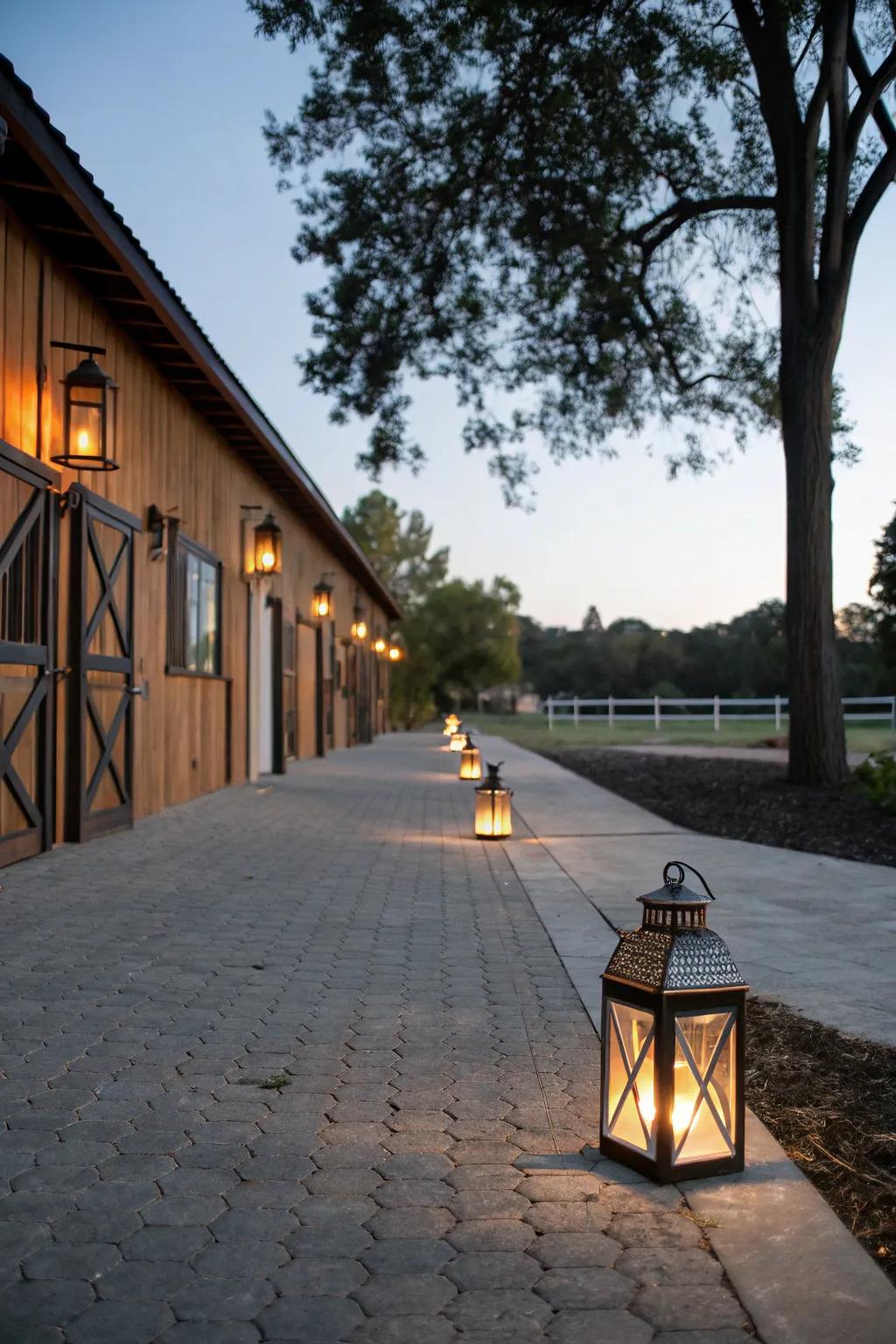 Route lanterns deliver a cozy radiance to barn walkways.