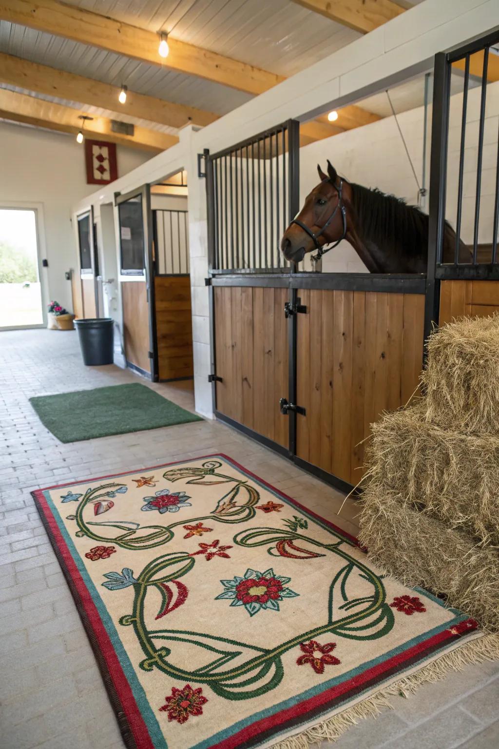 Themed rugs offer comfort and style to the stall floor.