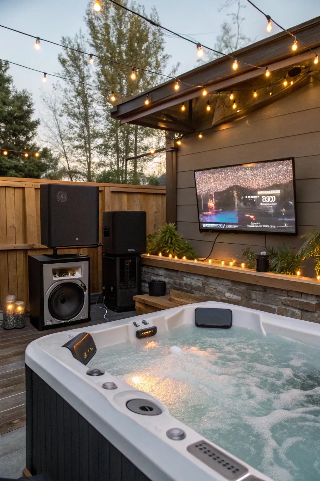 An amusement hub with a spa and open-air media setup.