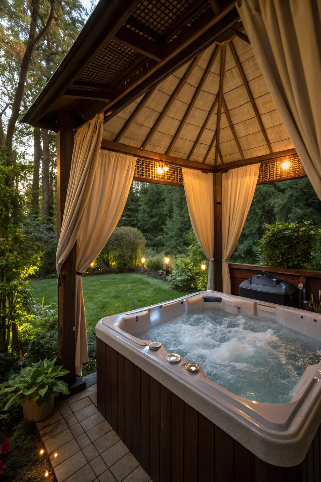 Textiles introduce versatility and seclusion to a gazebo setting.