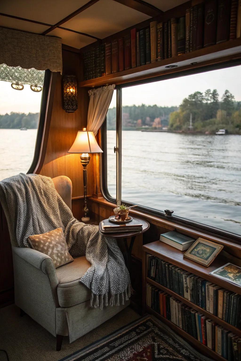 A cozy reading nook presents a tranquil escape on this houseboat.