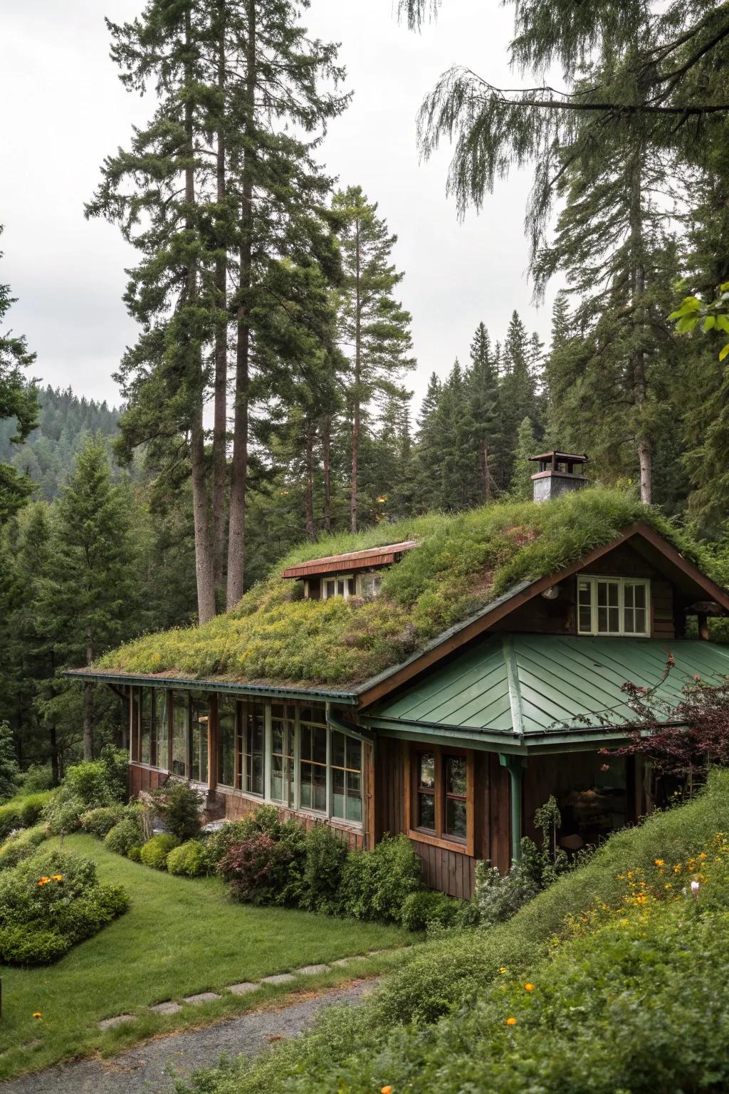 A vegetated-roofed home blending into the forest environment.