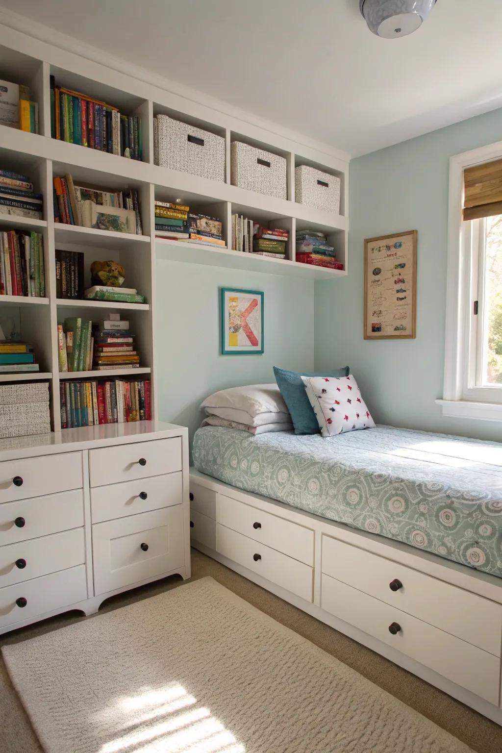 A well-organized small bedroom featuring fashionable storage solutions for a peaceful atmosphere.