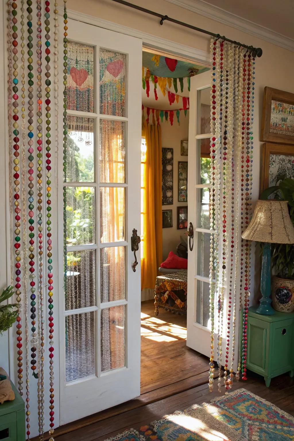 Beaded curtains bring an eclectic and lively vibe to French doors.