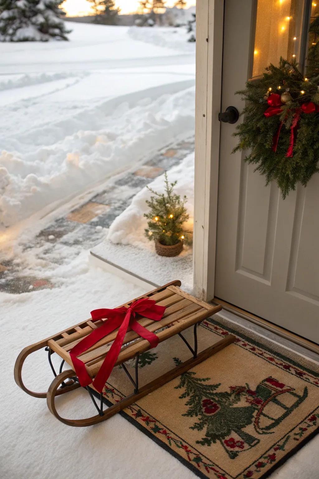A welcoming sled featuring a festive entryway mat