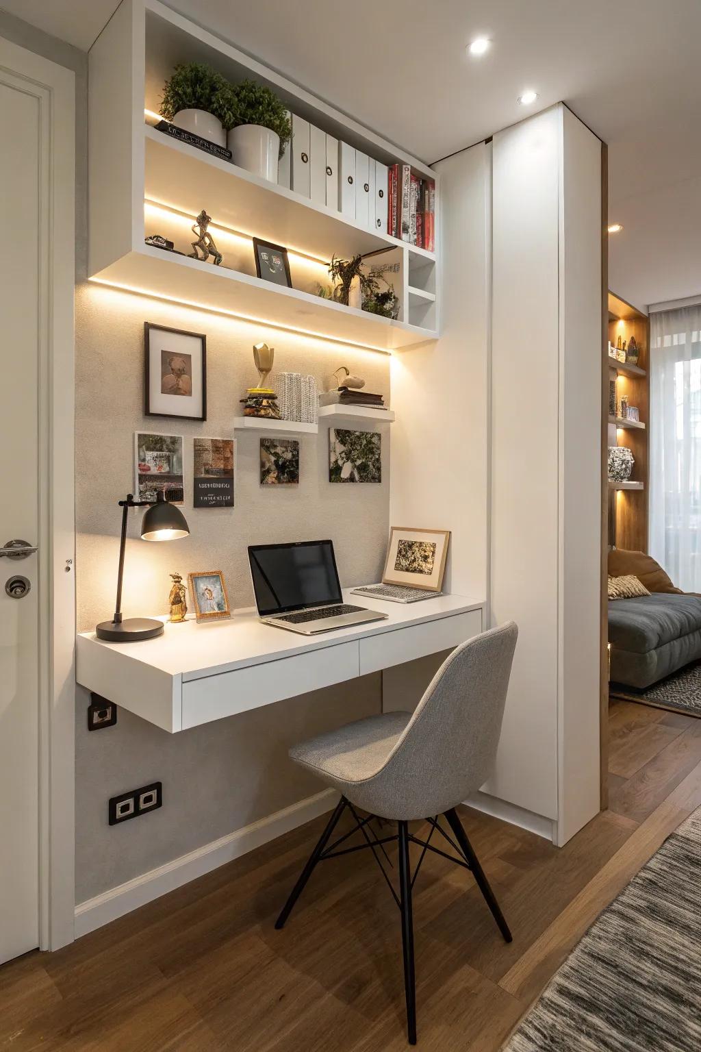 Establish a streamlined workspace utilizing a wall-mounted desk.