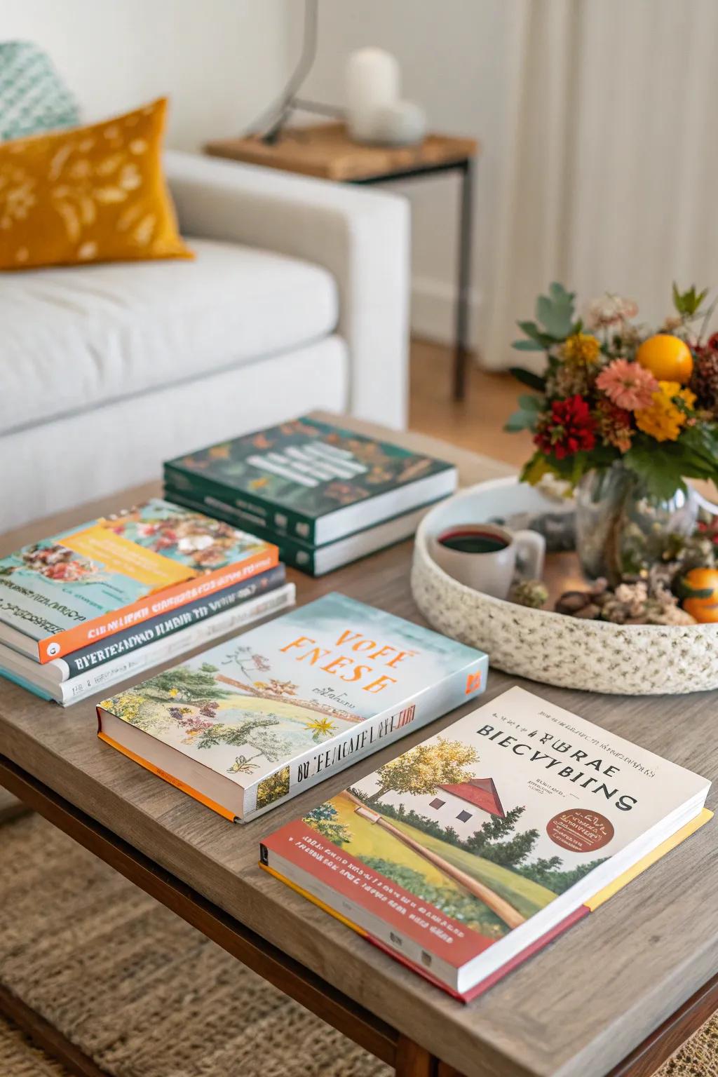 Seasonal books on the coffee table offer decor and inspiration.