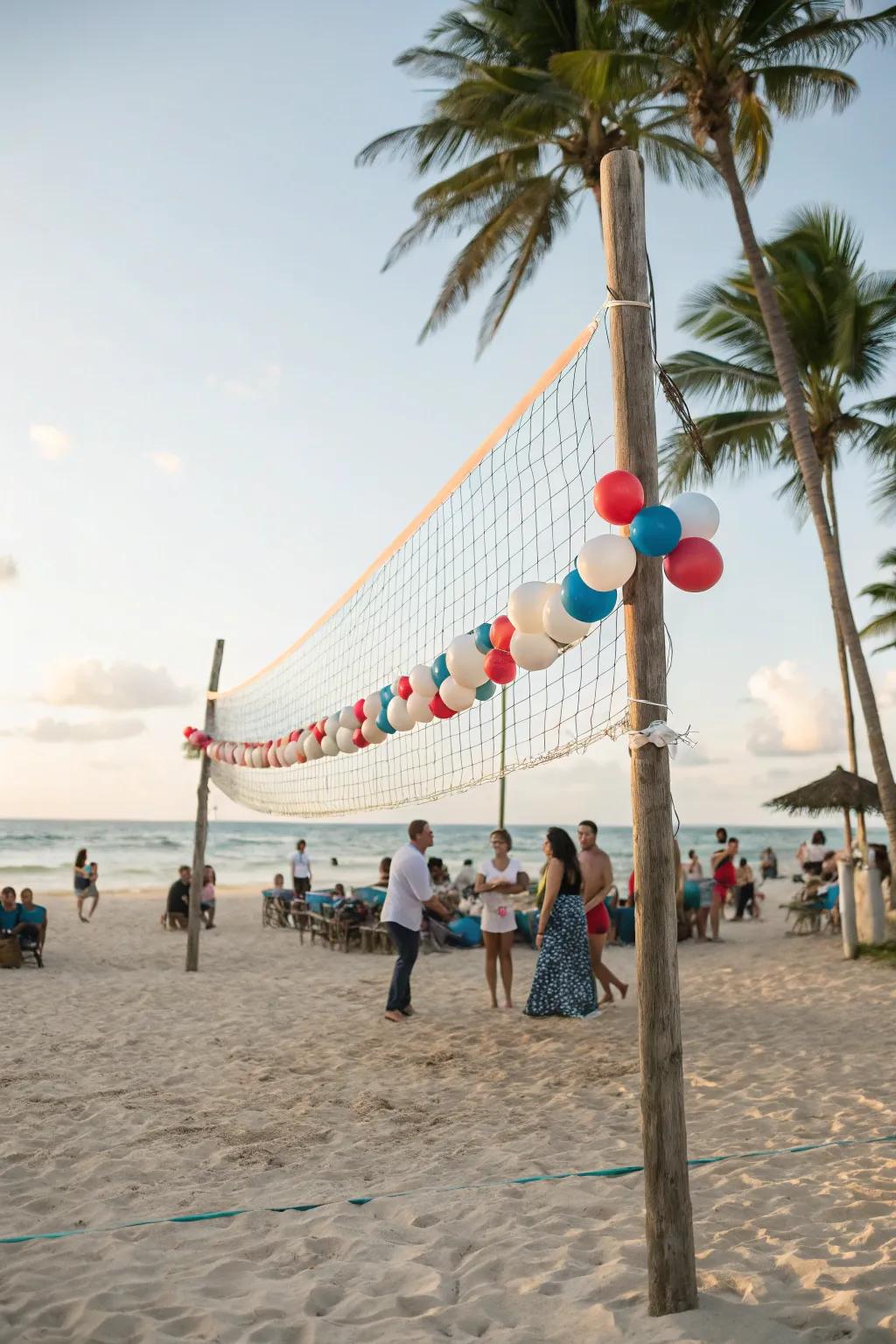 A net filled with balloons enhances the seaside theme of a beach celebration.