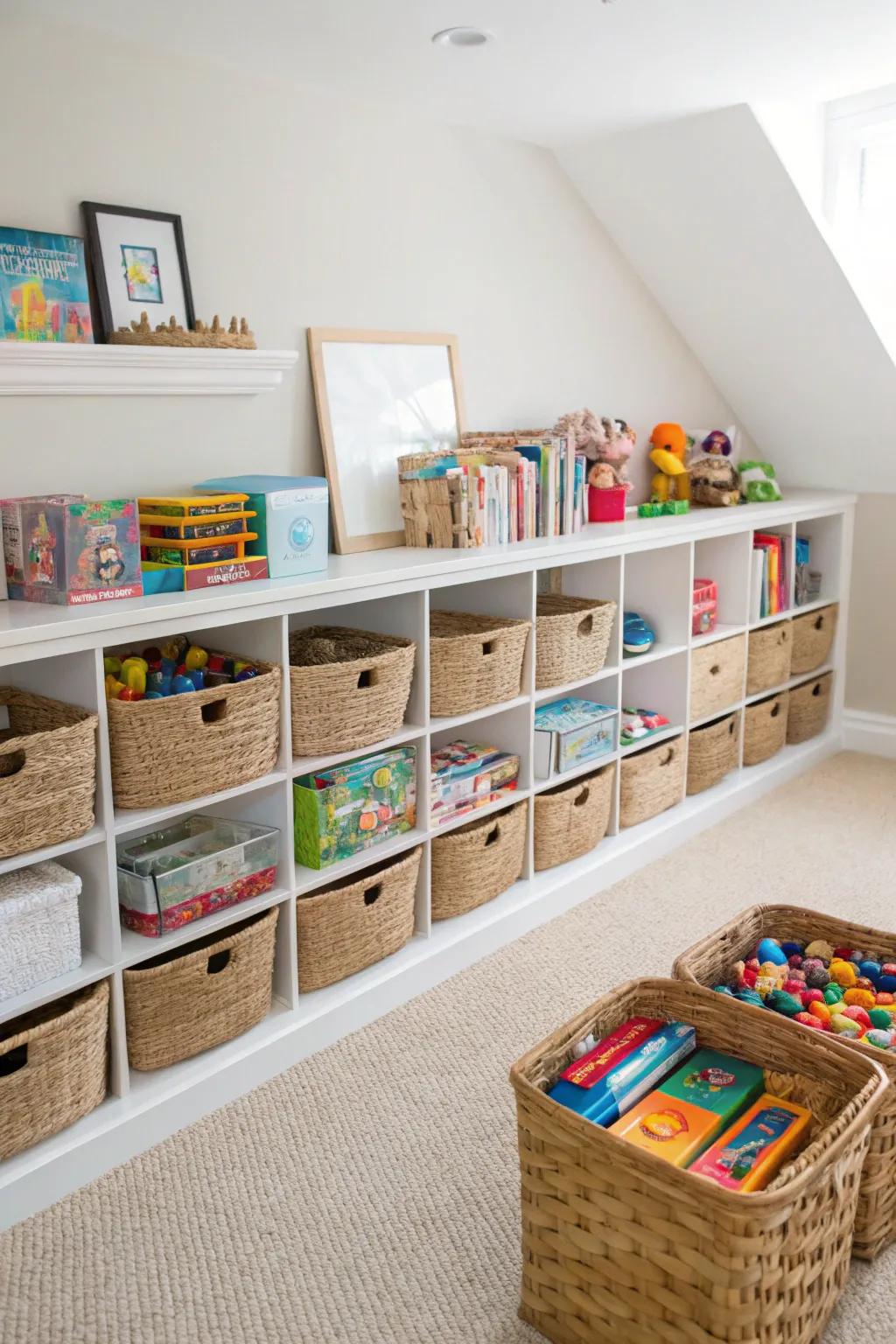 Baskets keep playrooms lively and organized.