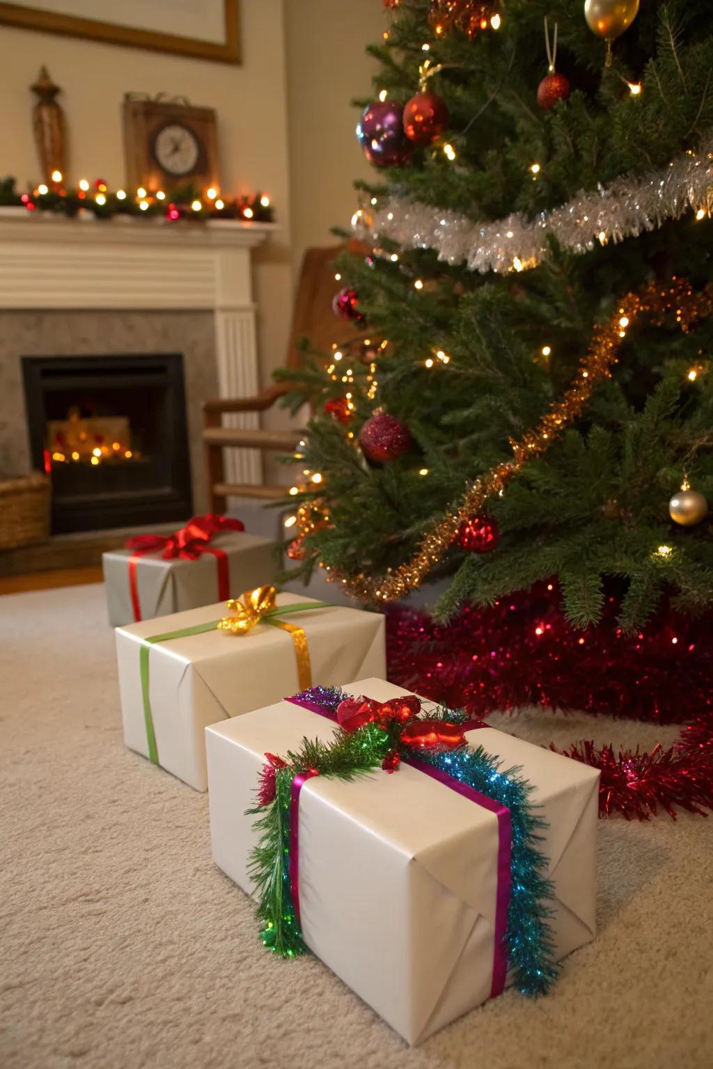 Gifts wrapped with tinsel garland for a festive touch.