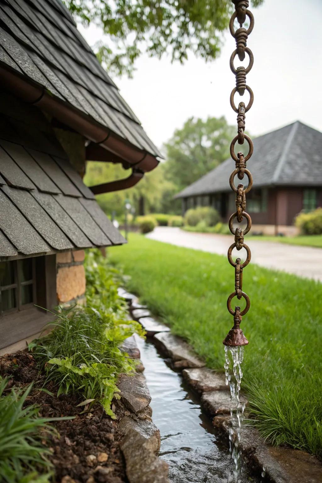 Waterfall chains guide water gracefully, adding a decorative touch.