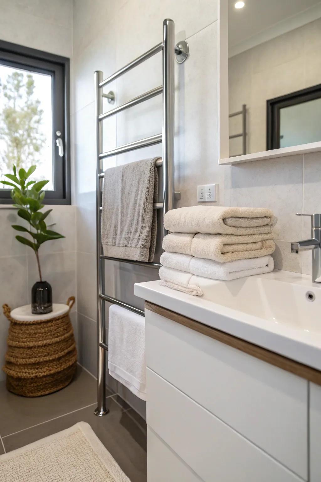 Minimalist rail systems provide a sleek, modern way to hang towels.